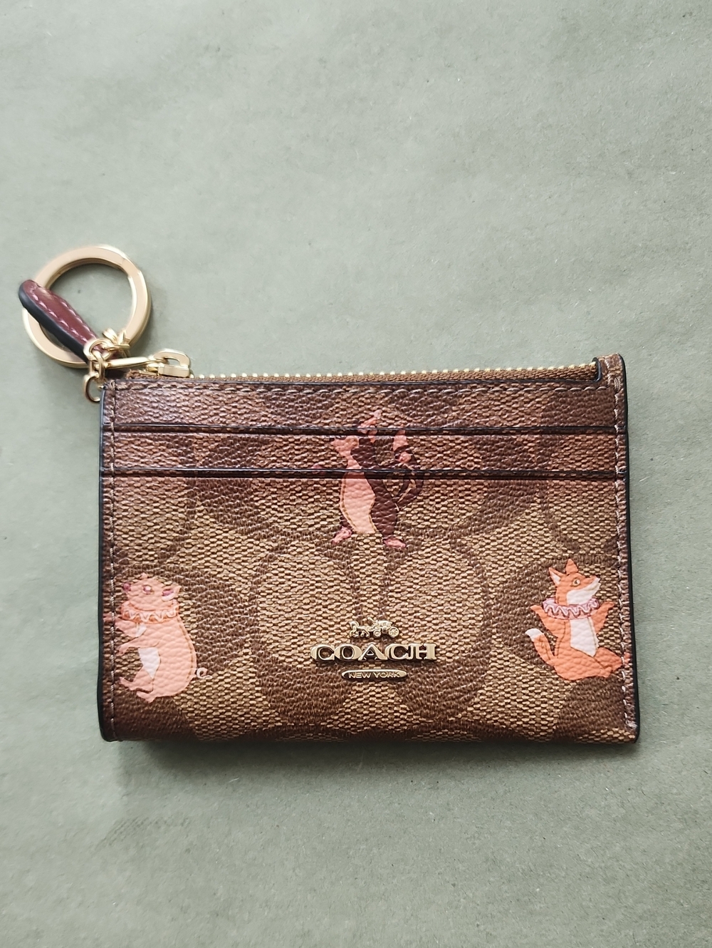 Coach Brown Signature Canvas Card Holder with Pink Character Accents